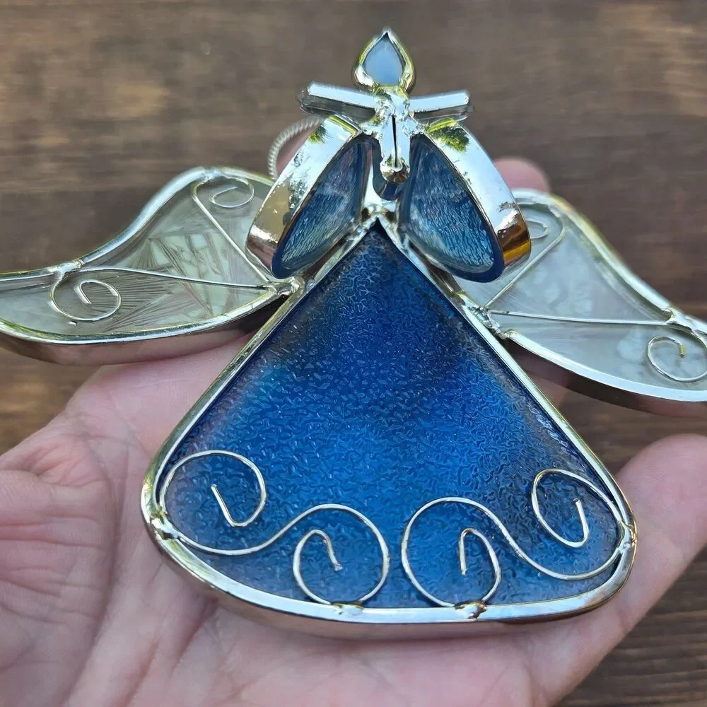 Stained Glass Angel Figurine Blue Gold Tone Christmas Decor 5 Inch